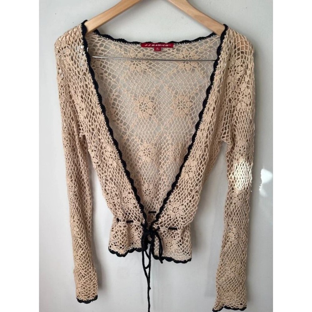 J.J. Basics Beige Crochet Tie Front Cardigan Medium